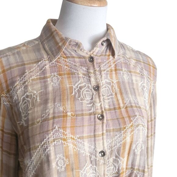 Free People Magical Plaid Embroidered Button Long Sleeve Top Gray & Orange Small - Picture 5 of 12